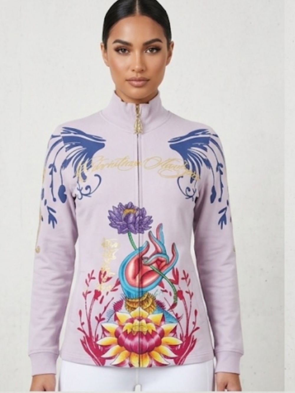 Christian Audigier Lavender Zip-Front Graphic Bomber Y2K Jacket